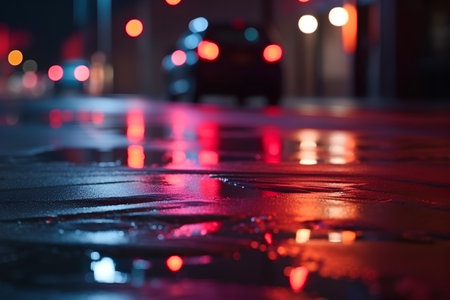 Raindrops on the wet asphalt in the city at night. Shallow DOFの素材