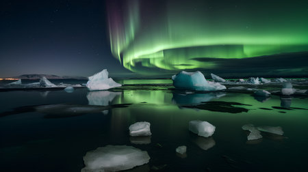 Aurora borealis over icebergs in Jokulsarlon, Icelandの素材