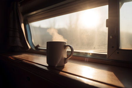 Cup of hot coffee on the windowsill in the morning.の素材