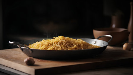 spaghetti in a frying pan on a wooden table, selective focusの素材