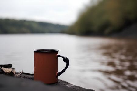 Orange mug on the shore of the lake in the evening. Selective focusの素材