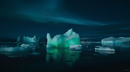Icebergs in the ocean at night with starry sky, 3d renderingの素材