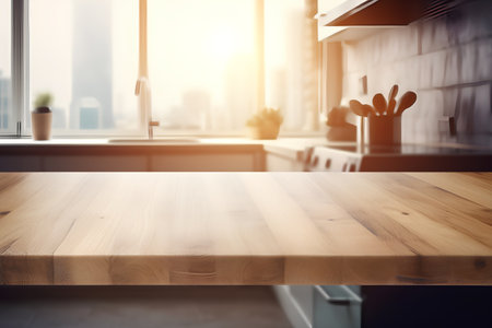 Empty wooden table in front of blurred kitchen interior. Mock up, 3D Renderingの素材