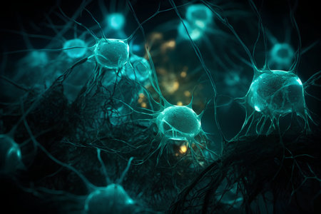 3d illustration of sperm and egg cell with neurons in colour backgroundの素材