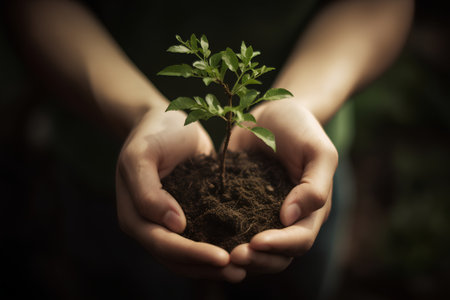 Female hands holding young plant in soil over dark background. Ecology conceptの素材
