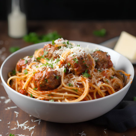 Spaghetti pasta with meatballs in tomato sauce and parmesan cheese in a bowl on a dark wooden backgroundの素材
