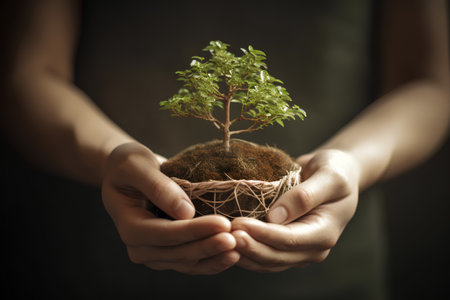 Hands holding a small tree in a pot. Ecology concept.の素材