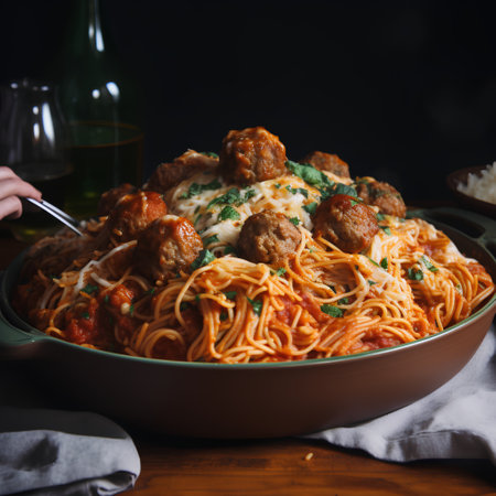 Spaghetti pasta with meatballs, tomato sauce and parmesan cheeseの素材