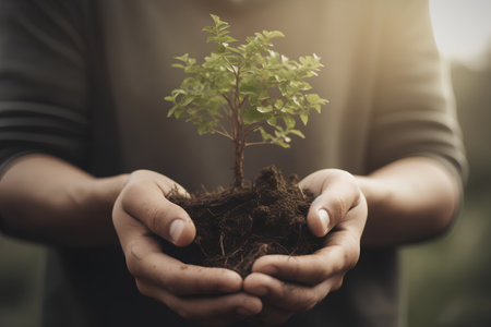 Human hands holding a young plant with soil on blurred nature background, Ecology conceptの素材