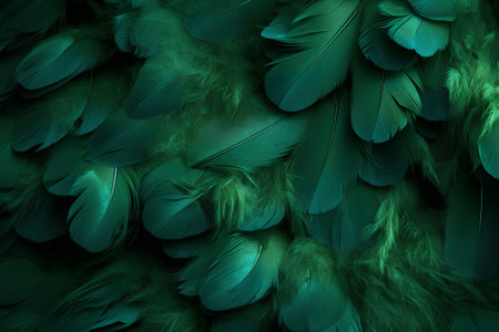 Beautiful feathers as background, closeup. Green feathers texture.の素材