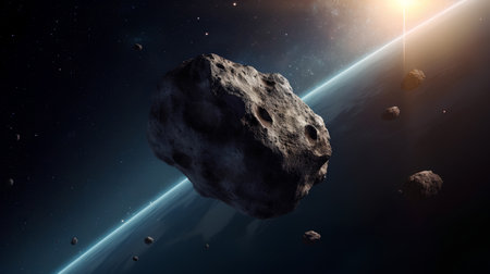 3D rendering of an asteroid in space against the background of the planet.の素材