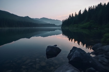 Mountain lake at sunrise with reflection in water, Slovakia, Europeの素材
