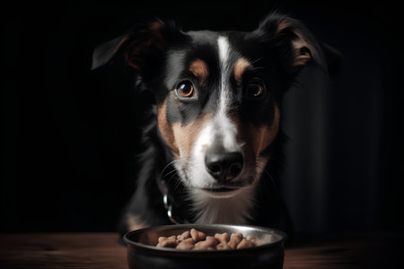 Portrait of a dog with bowl of dry food on black backgroundの素材