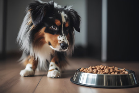 Portrait of a cute Australian Shepherd dog eating food from a bowlの素材