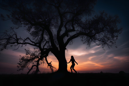 Silhouette of a woman walking under a tree at sunset.の素材
