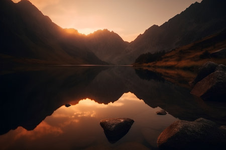 Beautiful lake in mountains at sunset with reflection in water. 3d renderingの素材