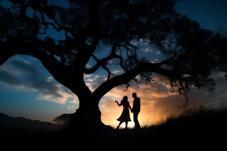 Silhouette of romantic couple in love under the tree at sunsetの素材