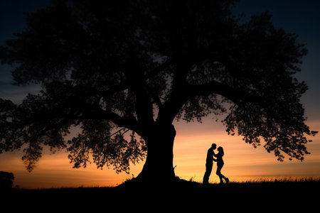 Silhouette of a loving couple under a tree at sunset.の素材