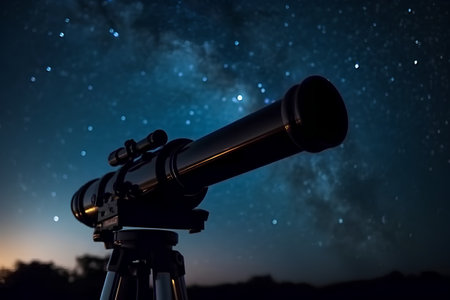 Telescope on a tripod against a starry night sky.の素材