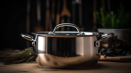 Stainless steel cooking pot on a wooden table. Dark background.の素材