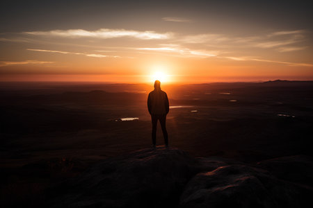 Silhouette of a man standing on top of a mountain and looking at the sunsetの素材