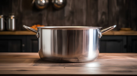Stainless steel cooking pot on a wooden table in the kitchenの素材