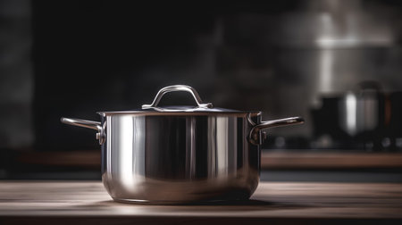 stainless steel cooking pot on a wooden table in a kitchenの素材