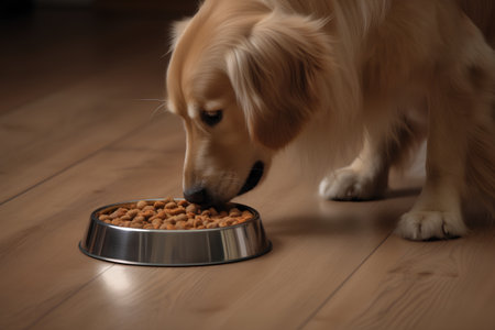 Golden Retriever eating dry food from a bowl on wooden floorの素材