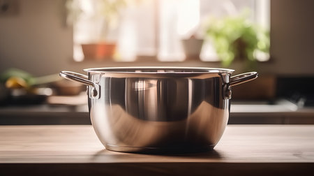 Stainless steel cooking pot on a wooden table in the kitchenの素材
