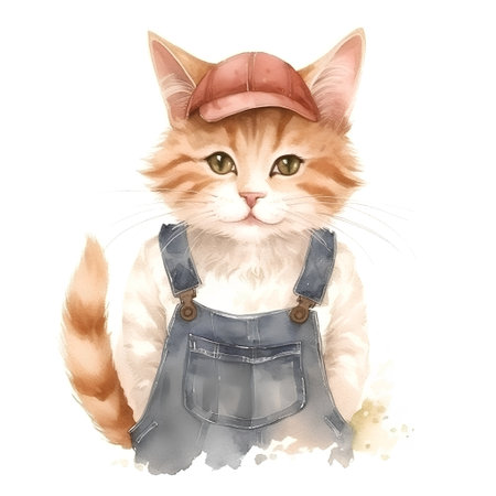 Cute red cat in overalls and cap. Watercolor illustrationの素材