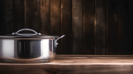 Stainless steel cooking pot on wooden table over dark wooden backgroundの素材