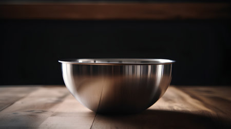 Empty stainless steel bowl on a wooden table in front of a dark backgroundの素材