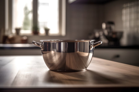 Stainless steel cooking pot on a wooden table in the kitchenの素材