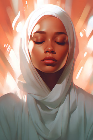 Portrait of a beautiful muslim woman with closed eyes wearing hijab.の素材