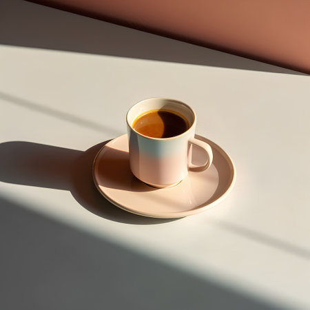 Cup of coffee on a table in sunlight. 3d renderingの素材