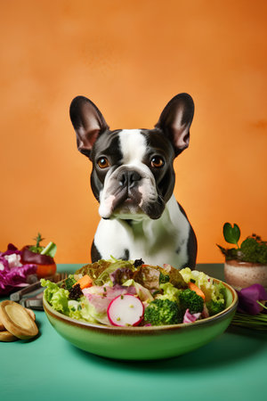 French bulldog with salad on a green background. Healthy food concept.の素材