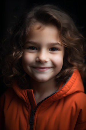 Portrait of a smiling little girl in an orange jacket on a black backgroundの素材