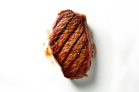 grilled beef steak isolated on a white background, top view.の素材