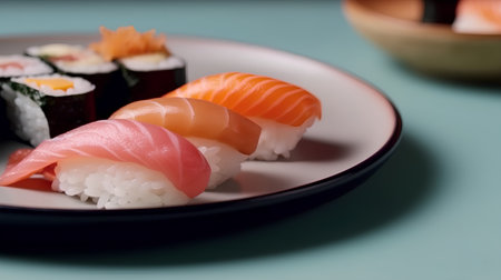 Sushi set on a plate over blue background. Shallow dof.の素材