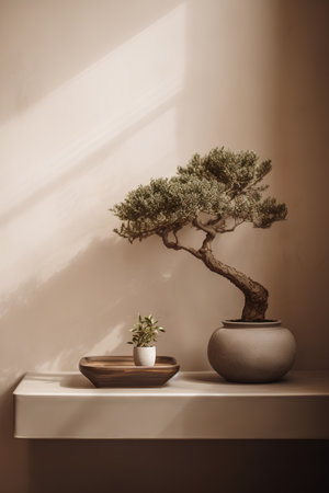 Bonsai tree in ceramic pot on the table and wall backgroundの素材