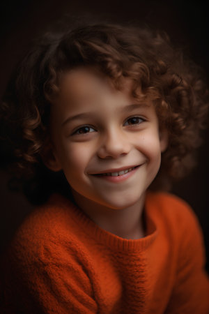 Portrait of a cute little girl with curly hair on dark backgroundの素材