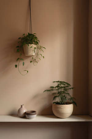 Interior of a room with a shelf and plants in pots. 3d renderingの素材