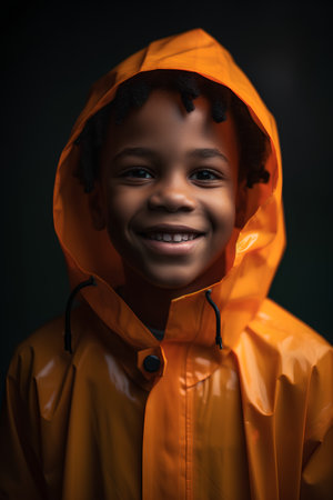 african american boy in raincoat smiling at camera on black backgroundの素材