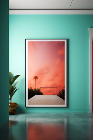 3d render of modern interior with empty frame and palm tree.の素材