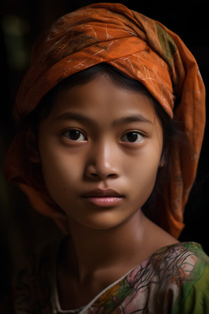 Portrait of a young Asian girl wearing a headscarf.の素材