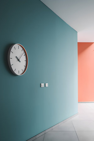 Minimalist interior with wall clock and orange wall. 3d renderの素材