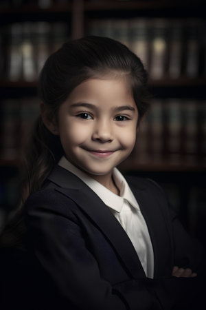 Portrait of a smiling little girl in a suit in the libraryの素材