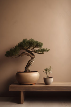 Bonsai tree in a pot on wooden shelf. 3d renderingの素材