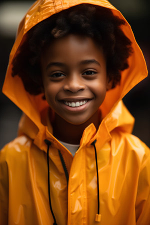 smiling african american child in raincoat looking at cameraの素材