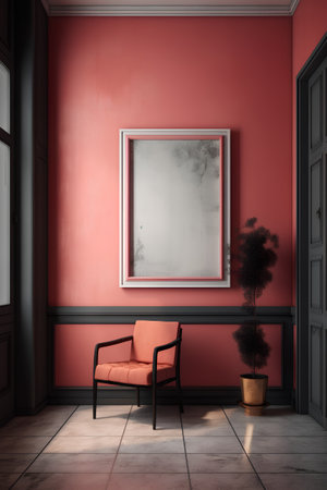 Interior of classic living room with red walls, wooden floor, orange armchair and vertical mock up poster. 3d renderingの素材